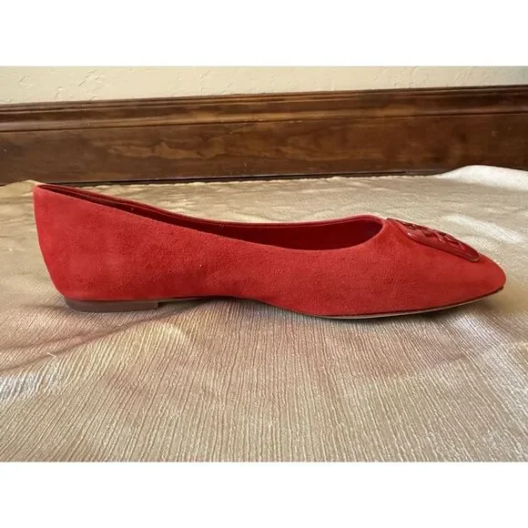 NEW ish Tory Burch Georgia Square Toe Silk Suede Triple Red Ballet Flat Sz 9 Box - Picture 7 of 16